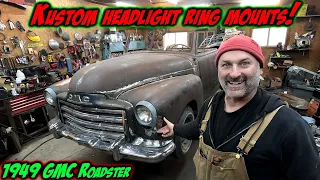 Modifying the front fenders for the headlight rings on our 49 GMC roadster.