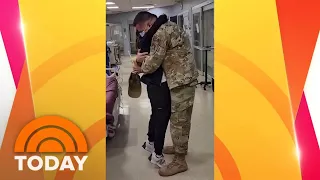 Deployed military husband surprises wife with coffee at work