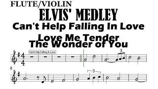MEDLEY ELVIS Can't Help Love Me Tender Wonder of You Flute Violin Sheet Backing Play Along Partitura