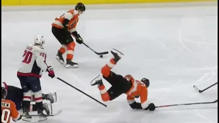 Tom Wilson huge knee collision with Scott Laughton