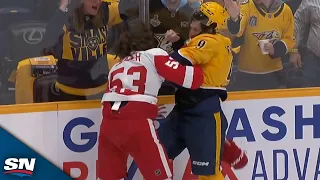 Predators' Filip Forsberg, Red Wings' Mortiz Seider Fight in Battle of Unexpected Combatants