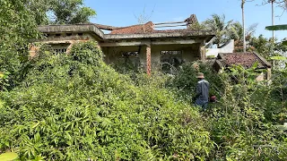 Clean up the abandoned house with many trees around to help the elderly couple move in