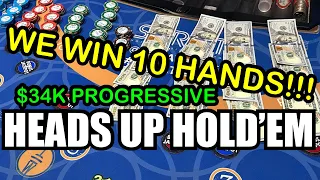 HEADS UP (ULTIMATE TEXAS HOLD'EM) HOLD'EM in LAS VEGAS!! CHASING THAT $34,800 PROGRESSIVE