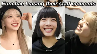 HYBE Staff treating Eunchae like a baby (she can't stop teasing them!) | Funny moments