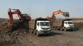 Hitachi Zaxis 470H Excavators Loading Eicher And Volvo Trucks