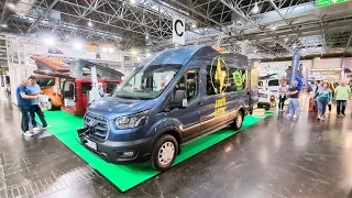 MTC hat den elektrischen Ford Transit ausgebaut. | xtra langes Hubbett + Heckbad | Caravan Salon 23