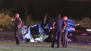 Totowa NJ Fire Dept and First Aid Squad operate at a Rollover with a pole and wires down Route 46 W