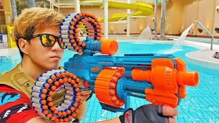 Nerf War | SUSHI Battle in Water Park & SPA