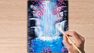 Easy Waterfall landscape painting tutorial for beginners//Step by step waterfall painting