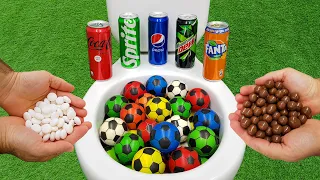 Football VS Chocolate Ball, Coca Cola Zero, Mtn Dew, Fanta, Pepsi, Sprite and Mentos in the toilet