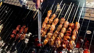 EATING LAOS STREET FOOD | Grilling Chicken Heart Skewers On The Streets Of Vientiane, Laos