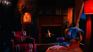 Grandfather Clock Ambiance Ticking w/ Periodic Chime, Cozy Fireplace & Rain | Clock Sounds for Sleep