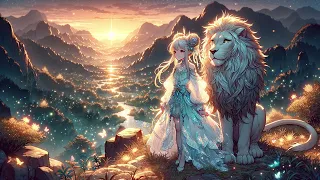 Dawn's Serenade: The Majestic Journey of a Young Girl and her Radiant Lion Companion
