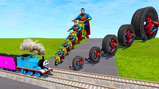 Big & Small: Monowheel with Spiderman vs Superman on a Motorcycle vs Thomas Train - BeamNG.drive
