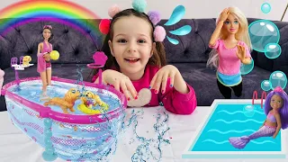 Barbie Havuz Videosu!Ada ile Deniz Kızına Havuz Kurduk!Kız Evcilik Videosu,Barbie Bebek Havuz Video