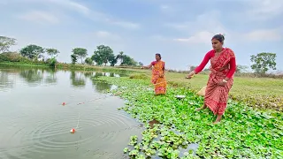 Awesome Fishing video | Hook Fishing In pond |The lady caught fish in pond in village  fish catching