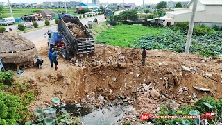 New Project Landfills In Water By 5 Ton Trucks Dumping Stone With Komatsu D20P Dozer Pushing Stones