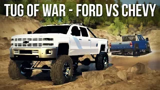 TUG OF WAR! FORD F-450 vs CHEVY 3500 Mudding & Off-Roading! (SpinTires Mods)