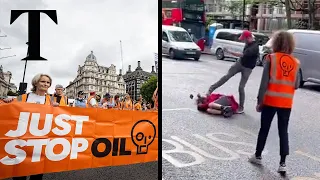 Just Stop Oil activist punched to the floor by angry motorist