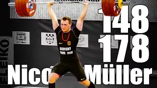 Nico Müller (76.7kg Germany) 148kg Snatch 178kg Clean and Jerk - 2017 European Championship