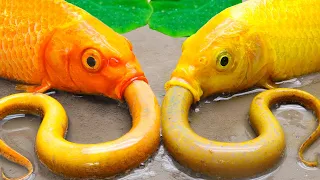 Koi Fish Hunting Eel Fight Monster Frog Survival Battle Stop Motion ASMR in Mud Primitive Experiment