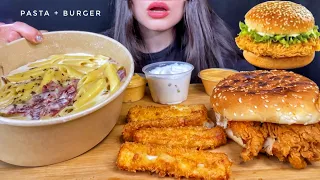 ASMR CREAMY PASTA + CHICKEN BURGER + CHEESE MUKBANG (No Talking) EATING SOUNDS