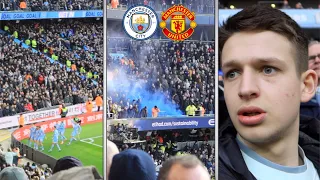 CITY FANS THROW PYRO INTO UNITED END at the MANCHESTER DERBY