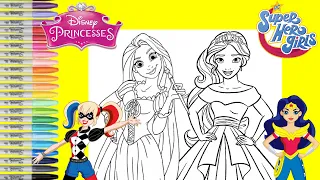 Disney Princess Makeover as DC Super Hero Girls Harley Quinn and Wonder Woman Coloring Book Pages