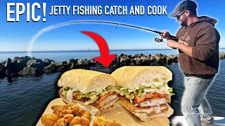 EPIC ROCK JETTY Fishing with an AMAZING Catch and Cook PO BOY SANDWICH