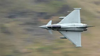 RAF low level flybys of a Hawk,Typhoon x2, Texan and 2x F35s down Thirlmere in the Lake District UK.