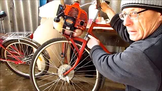 3. Мотовелосипед. Сделал надежную вилку. Bicycle with a motor from a benzotrimmer.