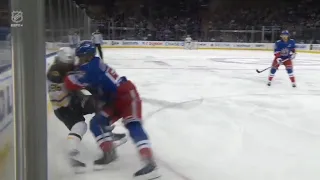 David Pastrnak gets plastered by Ryan Lindgren, Pasta late hits back