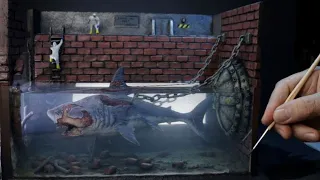 Sculpture PANORAMA zombie-shark in the pool (epoxy resin, megalodon laboratory)