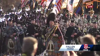 Procession of bagpippers arrive at funeral for Waltham Officer Paul Tracey