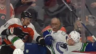 Travis Konecny Goes After Sam Lafferty After He Shoots Puck After Whistle