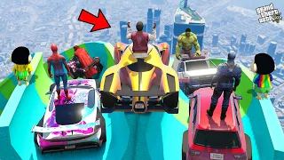 GTA 5: Franklin & Sinchan SUPERCAR WATER SLIDE Ramp Jump Challenge with AVENGERS ARMY!  (GTA 5 mods)