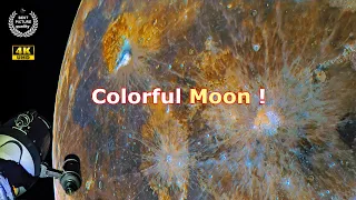 Colorful Moon 2 shooting through a telescope 4k. Сolor lunar surface