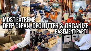 DEEP CLEAN, DECLUTTER & ORGANIZE WITH ME, Massive Transformation | Unfinished Basement Series Part 1