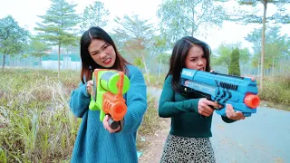 Couple Girl Nerf Guns Fight Crime Robber Ice Cream Battle  | League Nerf War