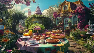 4K Spring Ambience Fantasy Tea Garden Party | Free Animated TV ART Screensaver | 3 Hours No Sound
