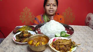 BIGBITES//EATING RICE WITH CHINGRI SUTKI,POMFRET FISH ,AMUDE FISH AND EGG MASALA।।