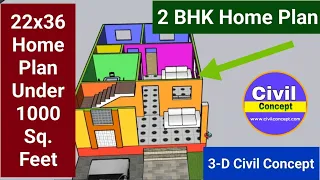 2bhk house plan | 22x36 Home plan | Under 1000 Square feet Home Plan