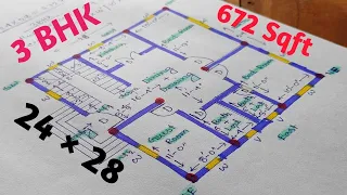 24×28 sqft 3 bedroom house design || 24×28 house plan east facing || 672 sqft 3bhk ghar ka naksha ||