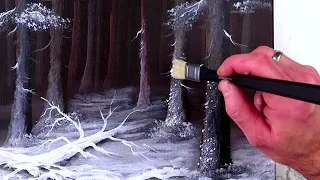 Frozen Contrast | How to Paint Dark Brown Pine Forest | Fallen Tree Covered in White Snow | Acrylics