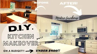 DIY KITCHEN MAKEOVER ON A BUDGET / PAINTING OAK CABINETS / MODERN FARMHOUSE / TRANSFORMATION PART 1