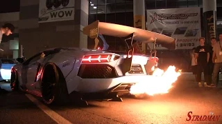 FLAMETHROWER KING!  Lamborghini Aventador Liberty Walk widebody spitting flames at SEMA 2014!!