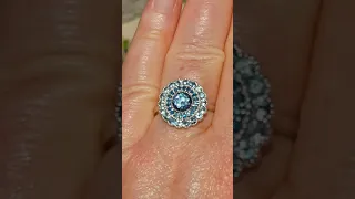 Teal Montana Sapphire Engagement Ring with Gold Milgrain Bezel and Gerbera Daisy Blue Diamond Halo