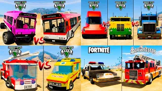 Fire Truck vs Tesla Truck vs City Bus vs Monster Bus vs Lego Ambulance - GTA 5 Cars Comparison