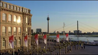 4K Drone Footage of Düsseldorf am Rhein - Altstadt, Schlossturm & Medienhafen, Golden Hour May 2020