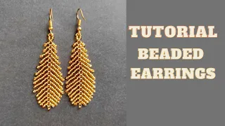 Beaded gold Feather Earrings tutorial, seed bead leaf or feather earrings making at home